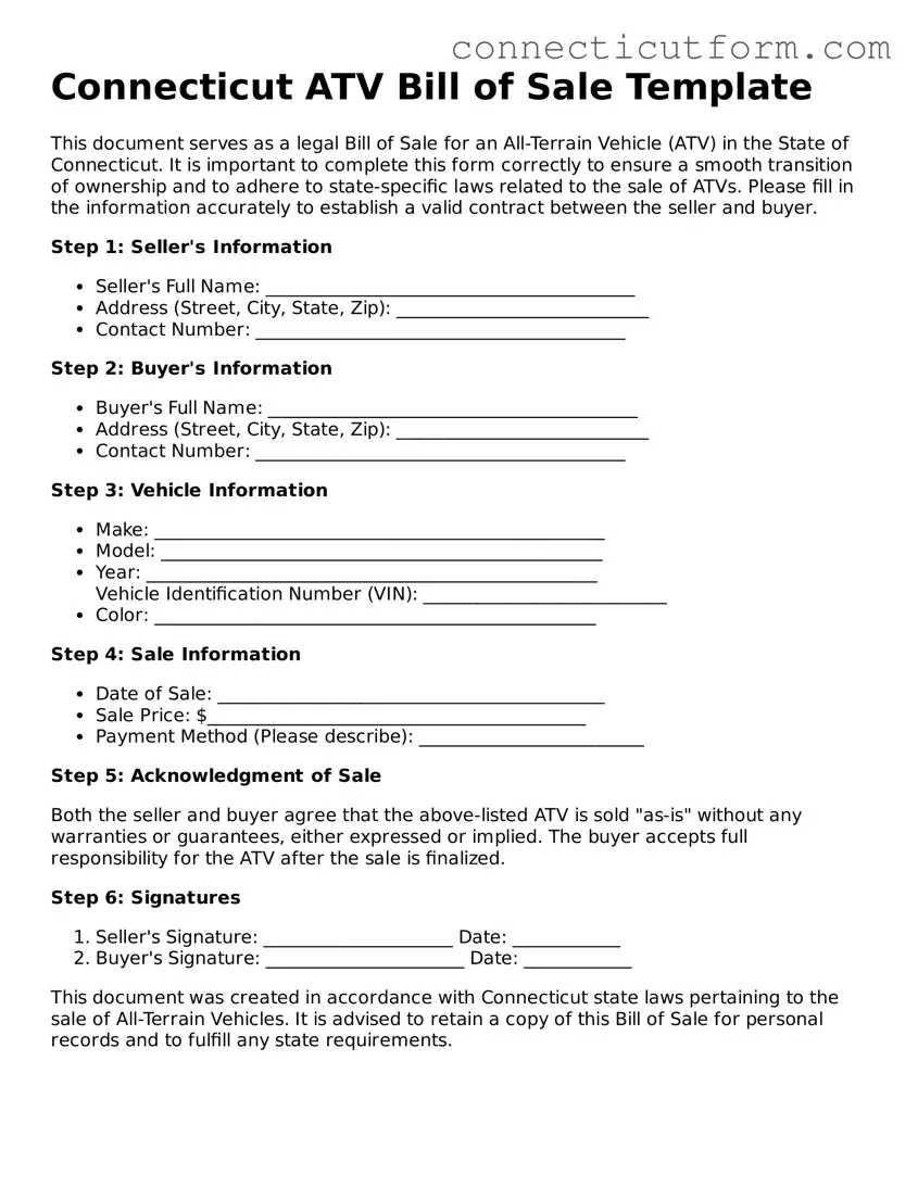 Free  ATV Bill of Sale Template for Connecticut