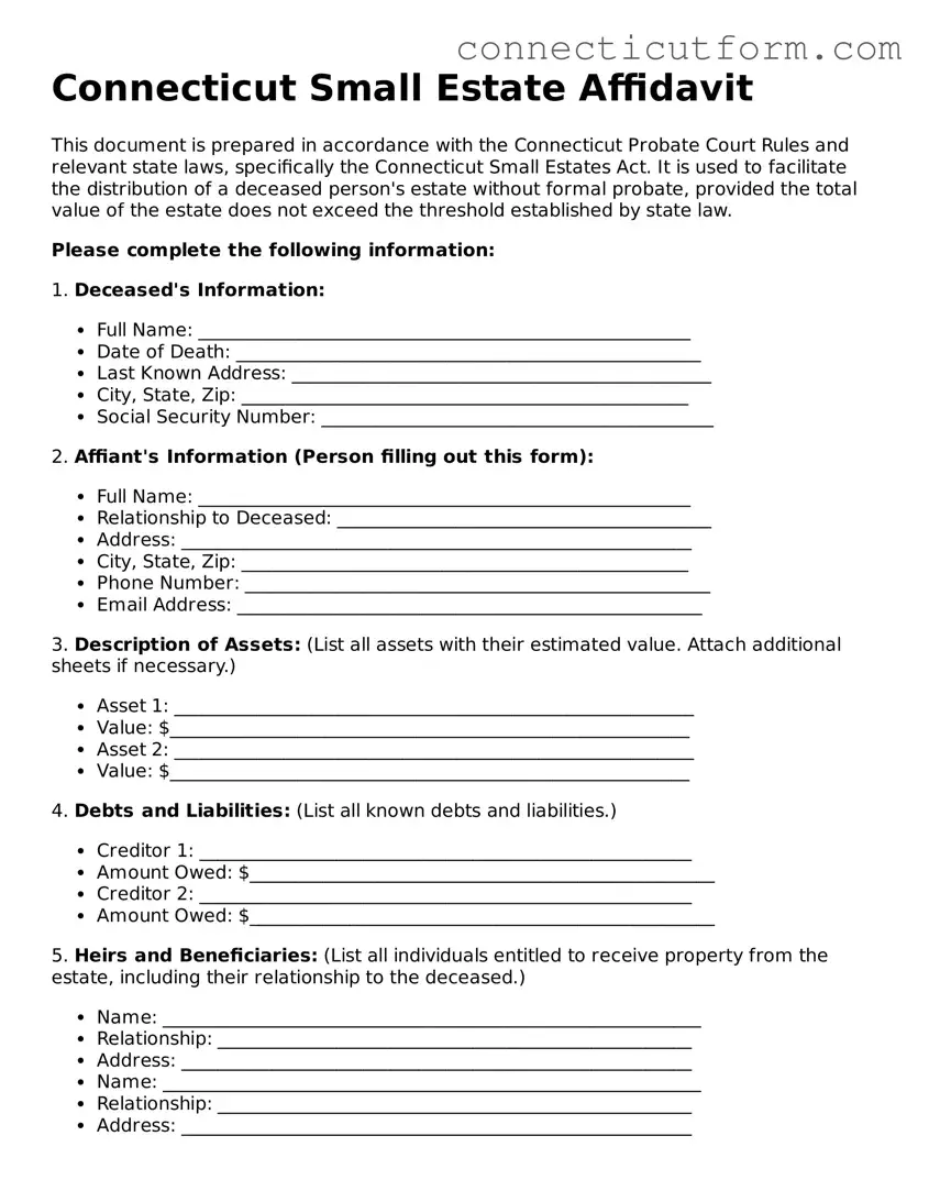 Free  Small Estate Affidavit Template for Connecticut