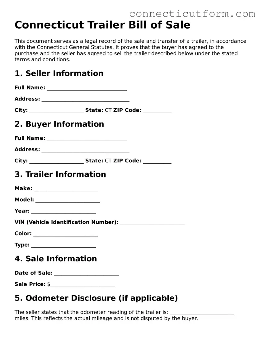 Free  Trailer Bill of Sale Template for Connecticut