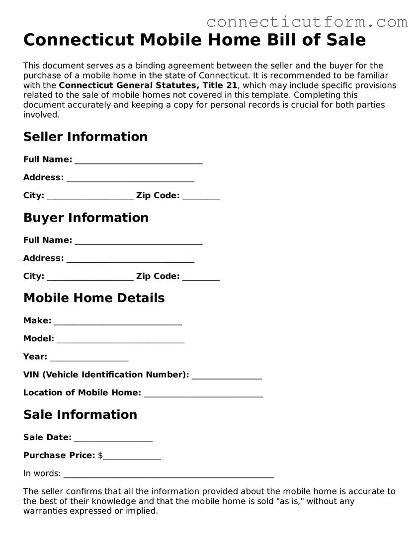 Free  Mobile Home Bill of Sale Template for Connecticut