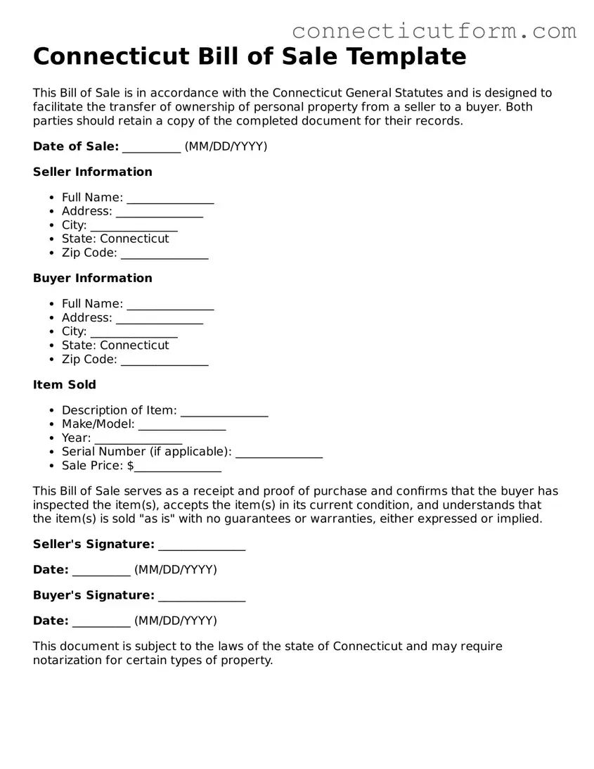 Free  Bill of Sale Template for Connecticut