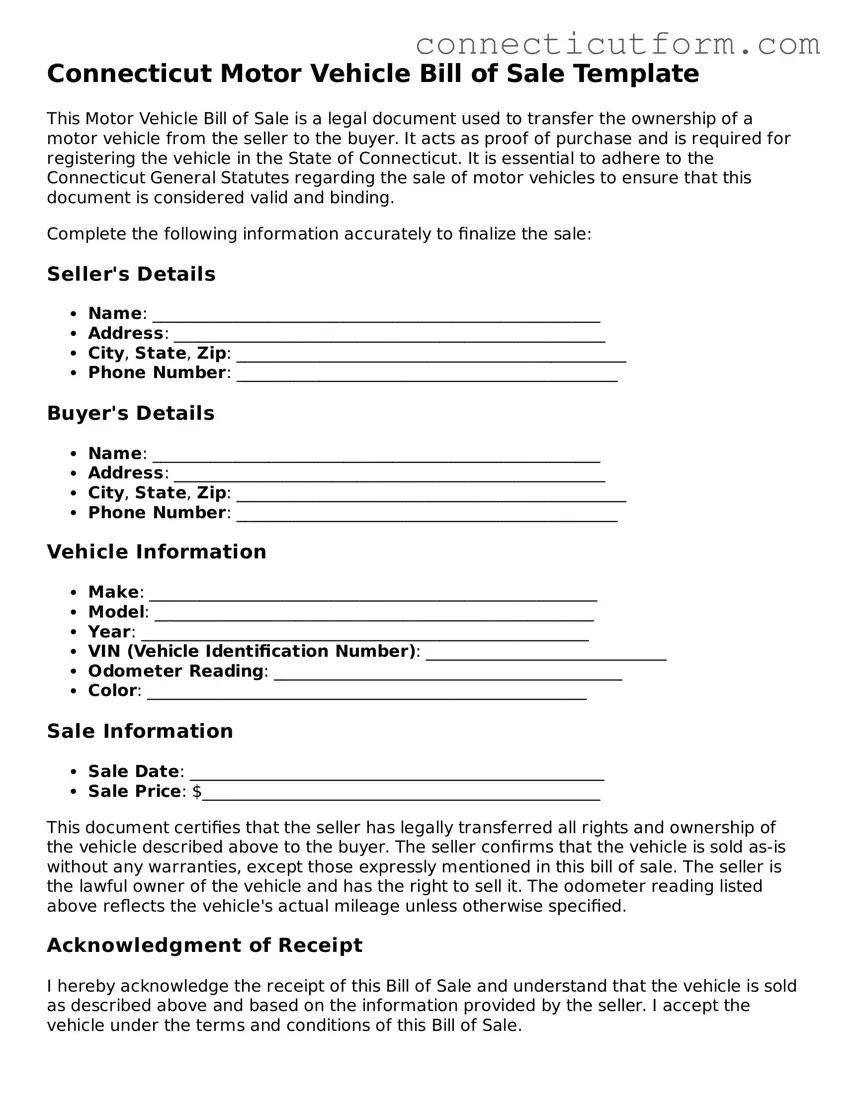 Free  Motor Vehicle Bill of Sale Template for Connecticut