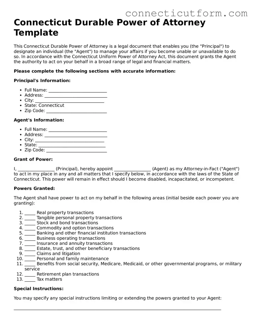 Free  Durable Power of Attorney Template for Connecticut