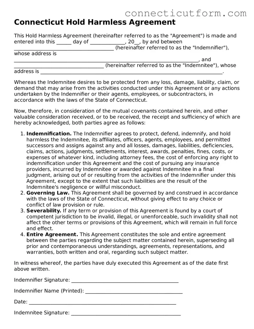Free  Hold Harmless Agreement Template for Connecticut
