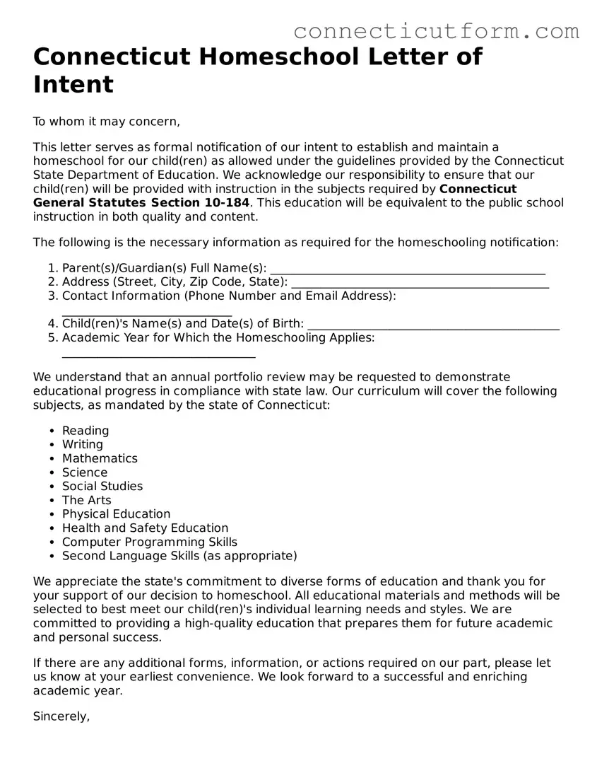 Free  Homeschool Letter of Intent Template for Connecticut
