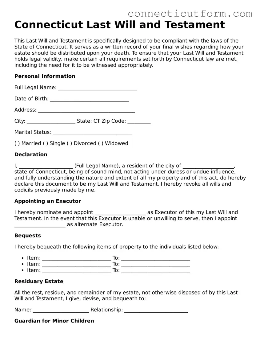 Free  Last Will and Testament Template for Connecticut