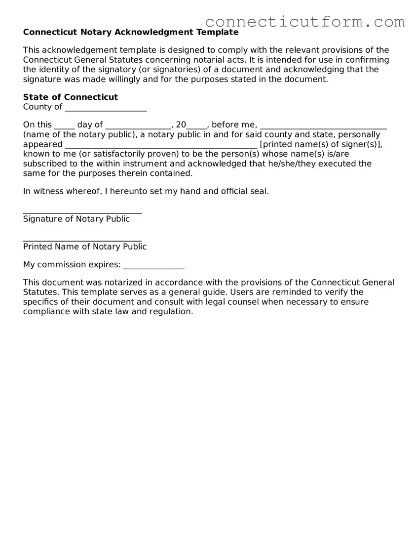 Free  Notary Acknowledgement Template for Connecticut