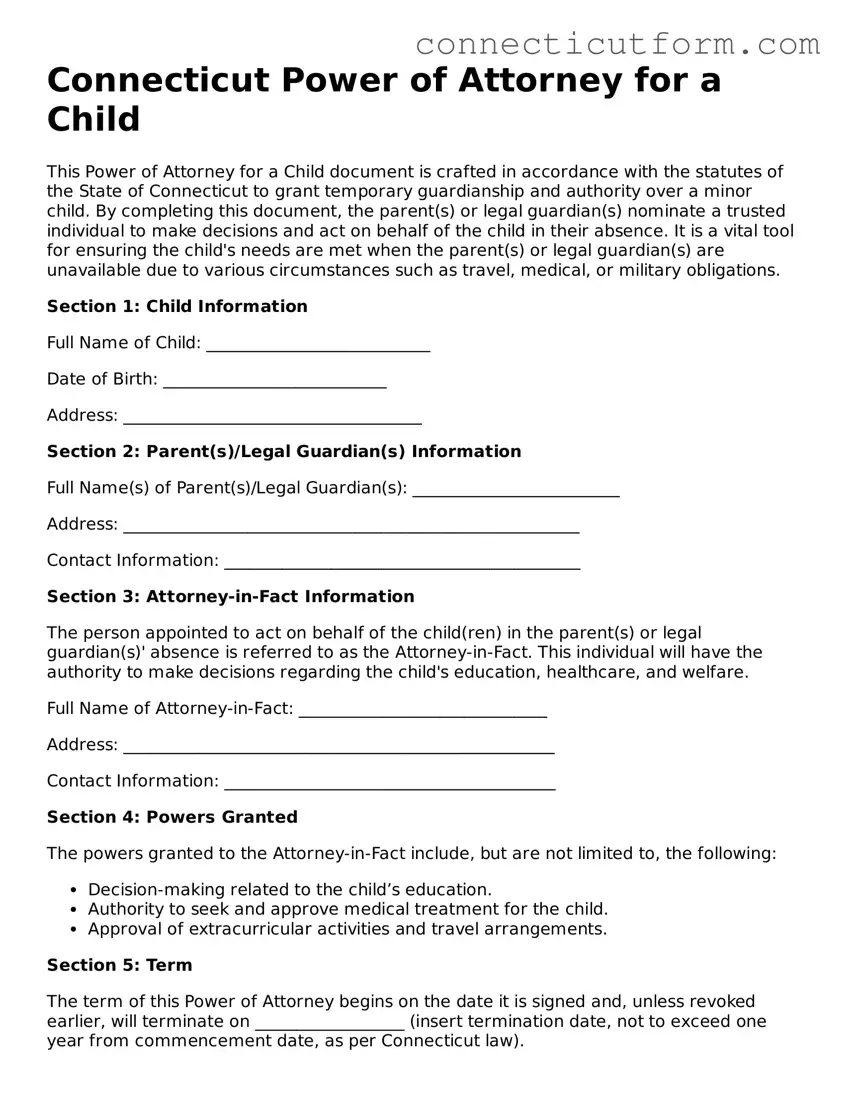 Free  Power of Attorney for a Child Template for Connecticut