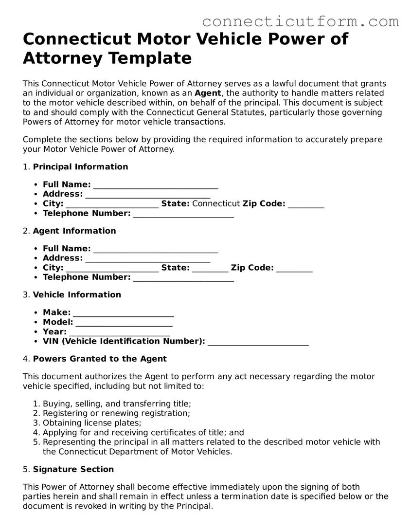 Free  Motor Vehicle Power of Attorney Template for Connecticut