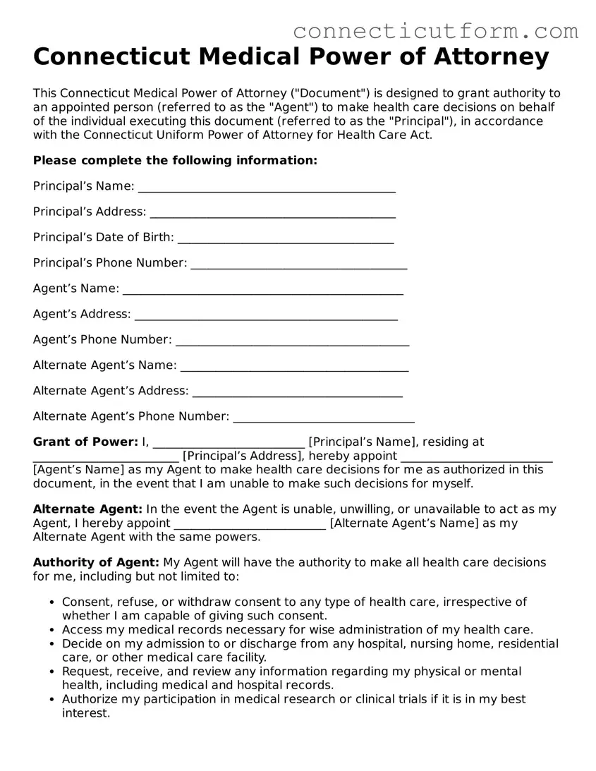 Free  Medical Power of Attorney Template for Connecticut