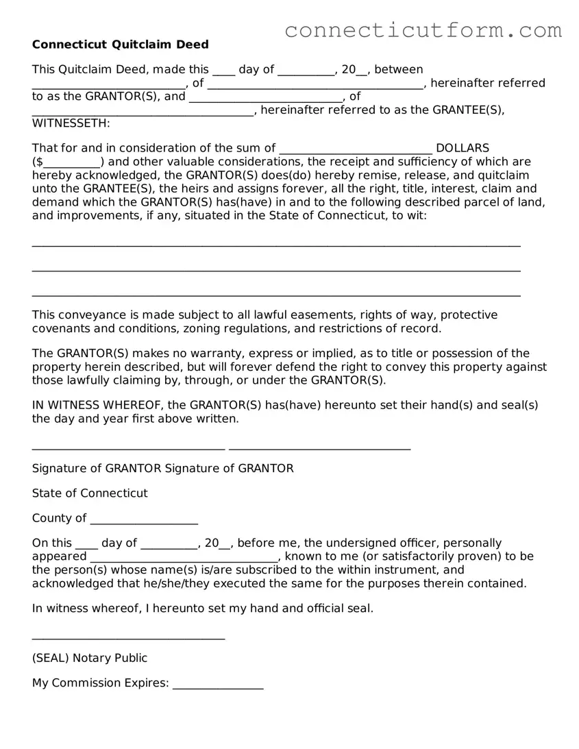 Free  Quitclaim Deed Template for Connecticut