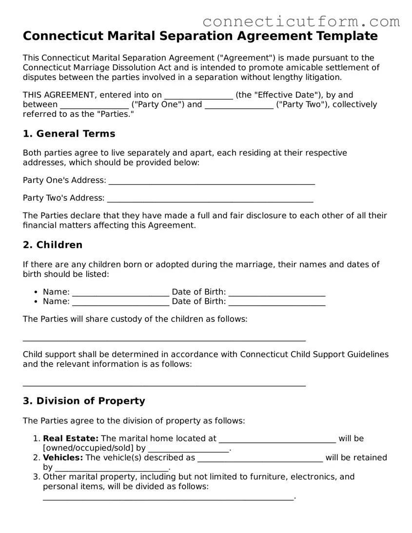 Free  Marital Separation Agreement Template for Connecticut