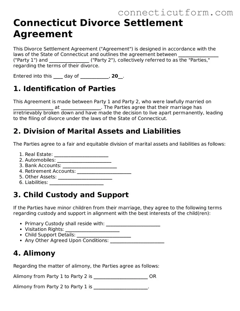 Free  Divorce Settlement Agreement Template for Connecticut